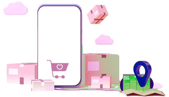 Ilustracija: mobitel s košaricom, paketi i BOX NOW paketomat