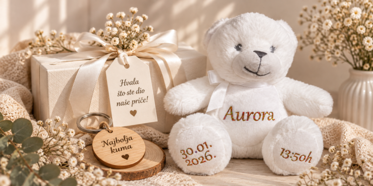 Bijeli plišani medo s personaliziranim imenom Aurora te datumom i satom na stopalima, uz privjesak „Najbolja kuma”.
