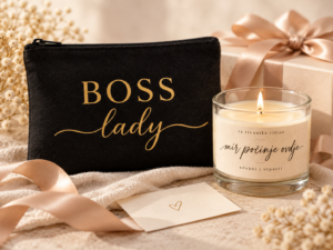 Crna kozmetička torbica sa zlatnim natpisom „BOSS lady” i svijeća u staklu uz poklon s mašnom
